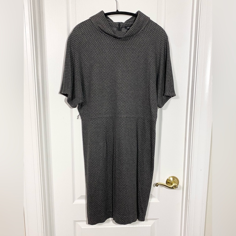 Vintage Etcetera Jacquard Knit Cowl Neck Short Dolman Sleeve Dress Gray Black 10